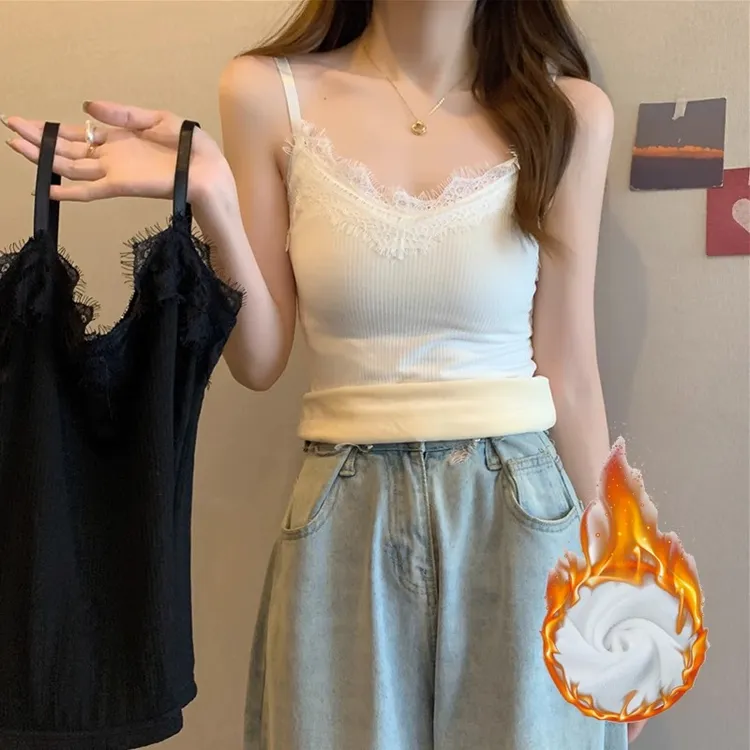 加绒白色背心女款冬季蕾丝吊带2023新款修身内搭打底上衣外穿秋冬