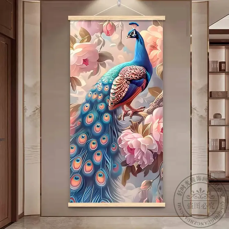 入户正对门玄关装饰画轻奢孔雀竖版客厅走廊过道壁画背景墙挂布画