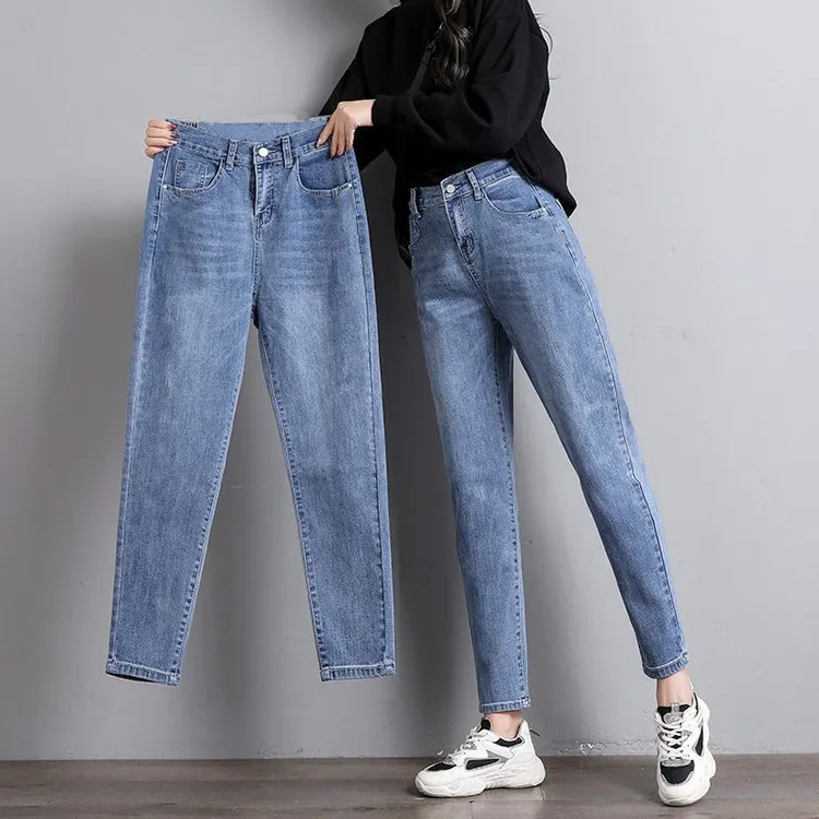 2025年秋冬加绒加厚女装蓝色窄版牛仔裤高腰显瘦九分萝卜老爹裤子
