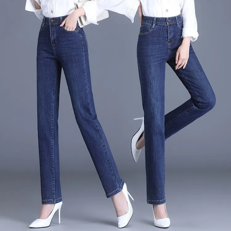 2025秋冬加绒加厚蓝色休闲牛仔长裤高腰直筒显高显瘦弹力大码裤子