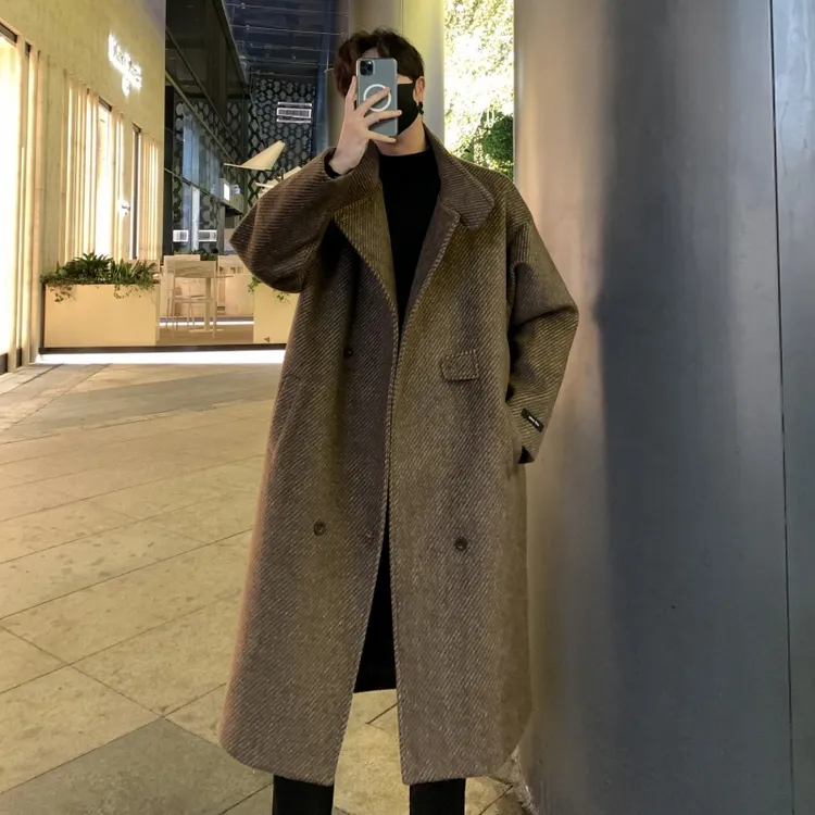 美拉德毛呢大衣男春秋季中长款韩版呢子外套韩系高级感过膝风衣服