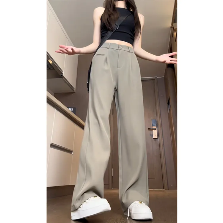 豆绿色冰丝西裤男夏季薄款垂坠感阔腿裤子美式宽松直筒休闲微喇裤