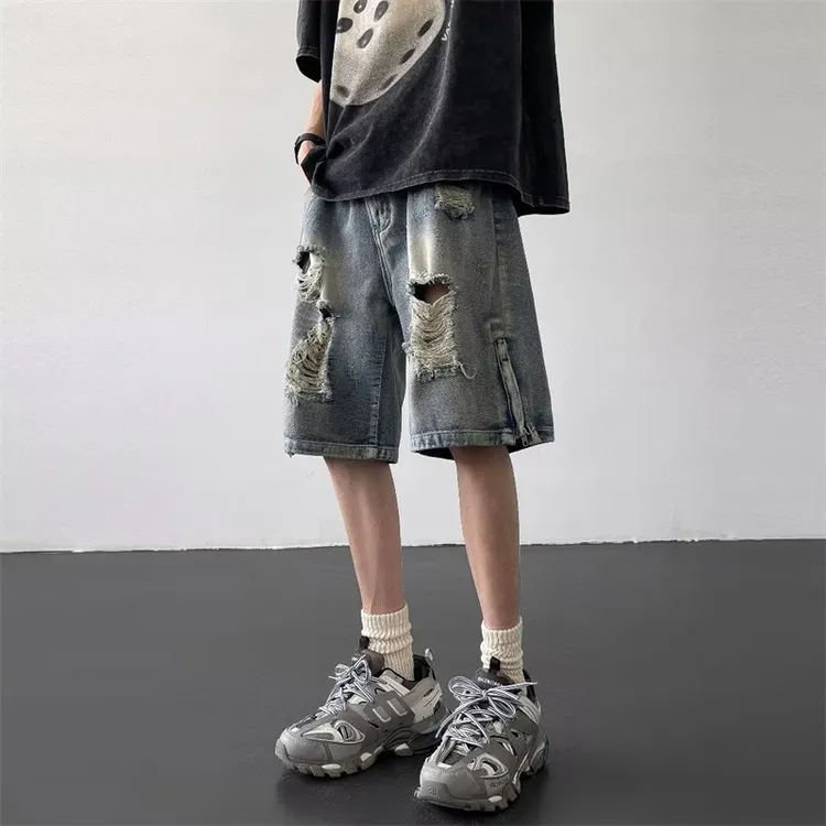 破洞牛仔短裤男士夏季薄款美式高街拉链开叉宽松直筒休闲五分裤子