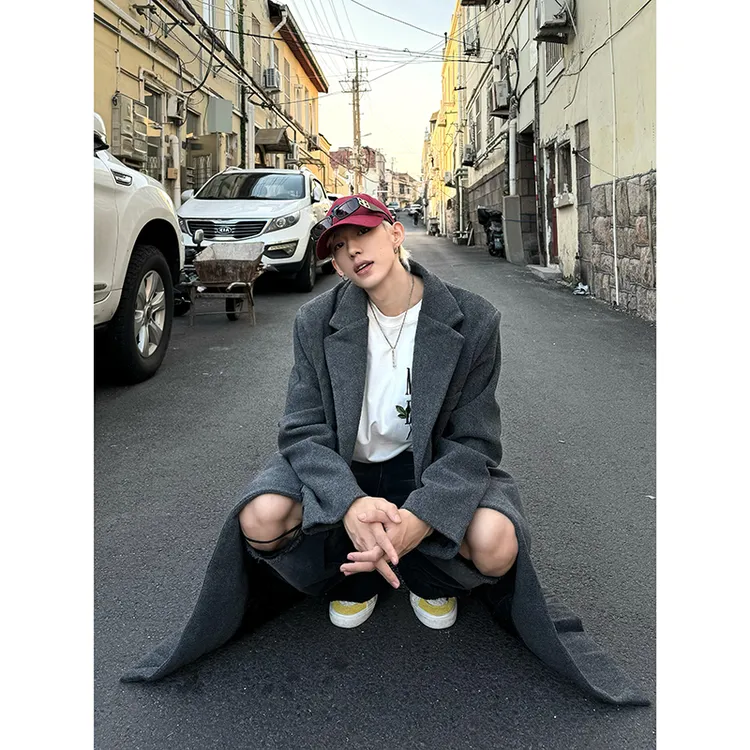 深灰色中长款毛呢大衣男款秋冬季高级感加厚外套英伦雅痞立领风衣