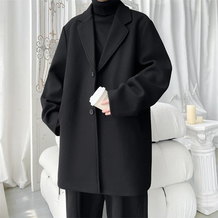 黑色毛呢大衣男士秋冬季潮流宽松百搭西服外套情侣中长款休闲风衣