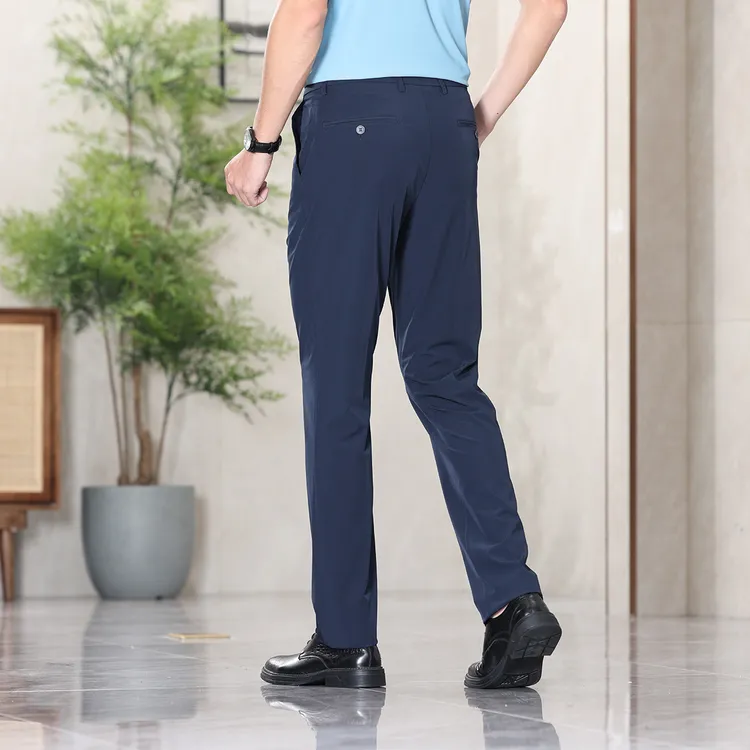 男士夏款薄款冰感舒适透气冰丝速干百搭直筒商务休闲裤宝蓝色