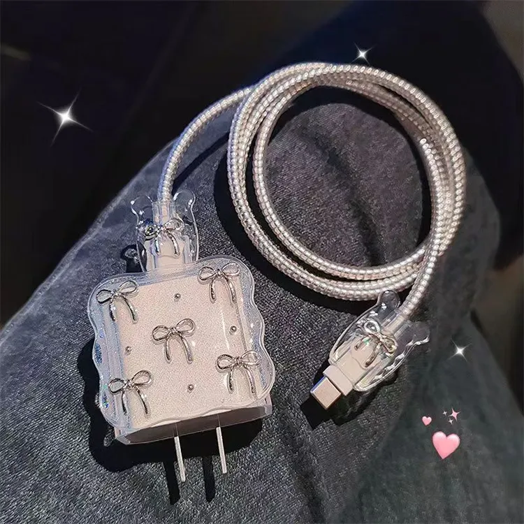 合用数据线保护套苹果15充电器保护套iPhone14Pro20W充ins蝴 蝶结