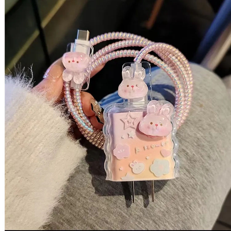 可爱透粉兔苹果15数据线保护套20w快充适用14promax软iPhone12/13