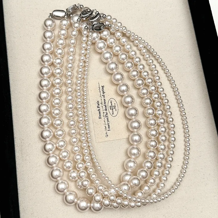 送耳钉+礼盒施家暖白人造珍珠项链不掉色元宝扣