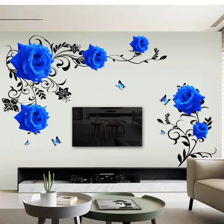 蓝色玫瑰墙贴画蓝色妖姬墙贴防水房间平面pvc温馨大小适用自粘商品图