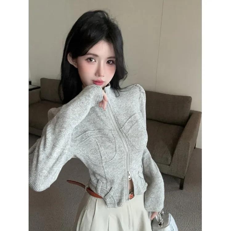 美式辣妹短款上衣女秋冬泡泡袖不规则长袖t恤打底衫内搭开衫外套