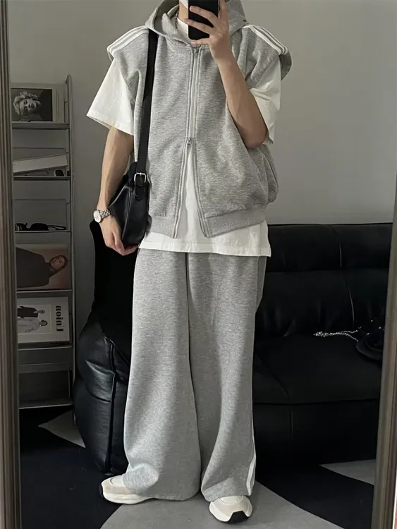 三杠条纹运动套装男夏季连帽坎肩马甲宽松休闲卫裤美式潮牌两件套