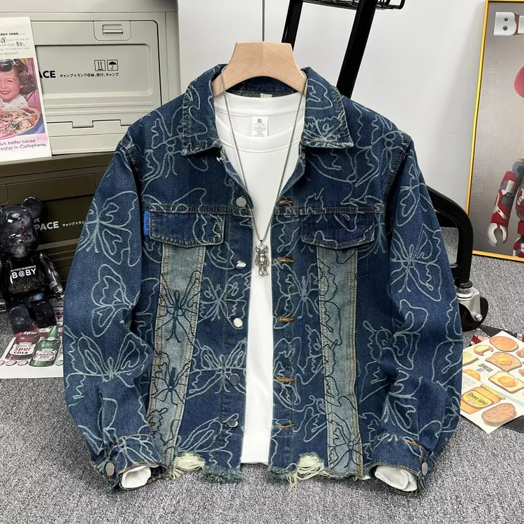 重工满印提花蝴蝶牛仔夹克男春秋季新款个性小众设计感外套上衣服