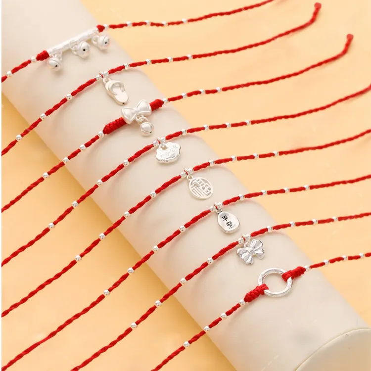 足银脚链 足银手工编织红绳脚链脚链女手绳脚绳情侣本命年可调节