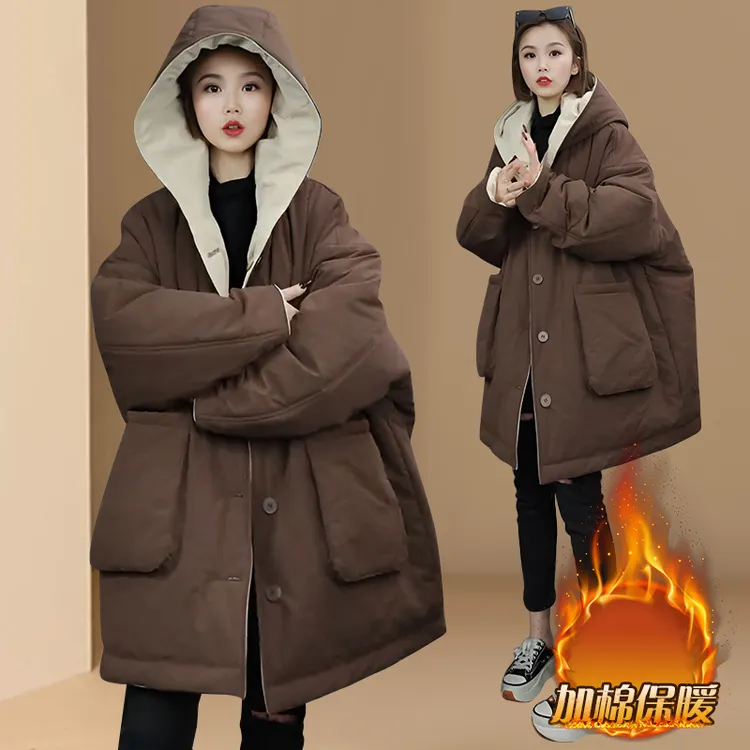 超好看保暖棉服女2025冬季小个子棉袄宽松中长款双面穿连帽外套