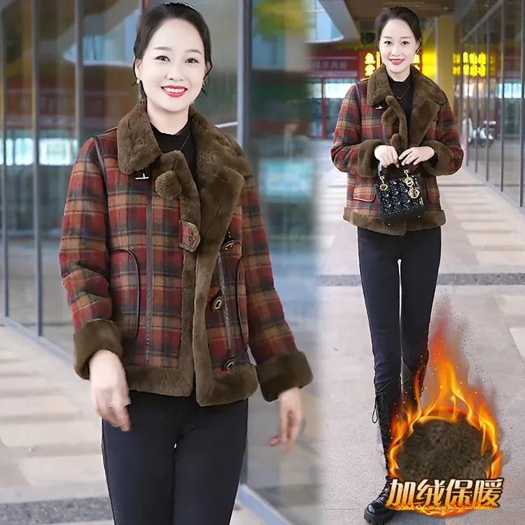 中年妈妈装冬季加绒加厚气质毛毛外套保暖长袖格子短款显瘦上衣女