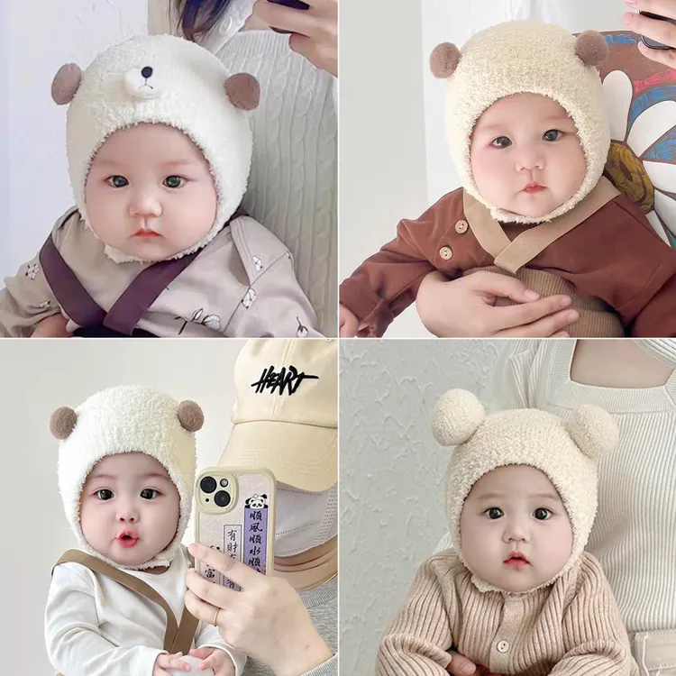 毛绒绒宝宝帽子秋冬季可爱球球护耳帽防风包头包脸外出婴幼儿帽子