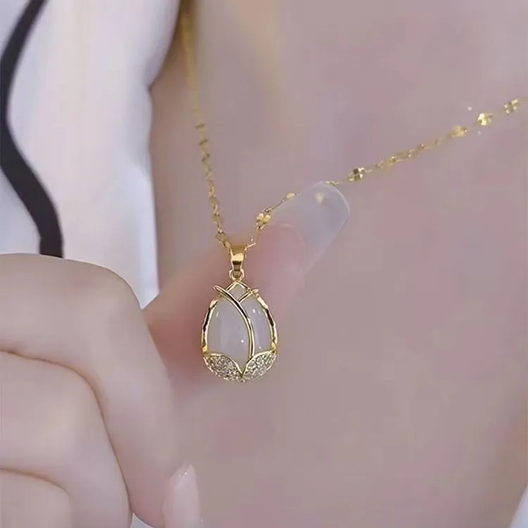 铜合金玻璃吊坠 郁金香吊坠气质优雅时尚百搭钛钢锁骨项链