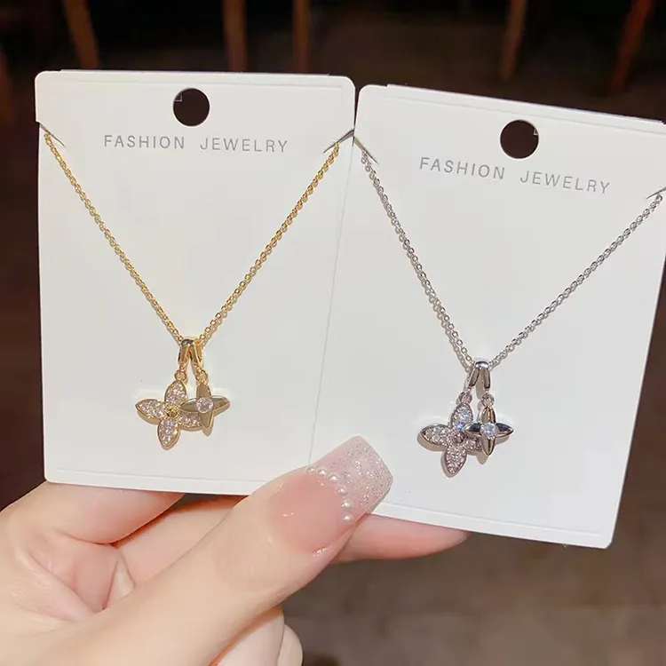 钛钢项链 新款铜镶锆四叶花吊坠小众轻奢高级镀金钛钢锁骨链女