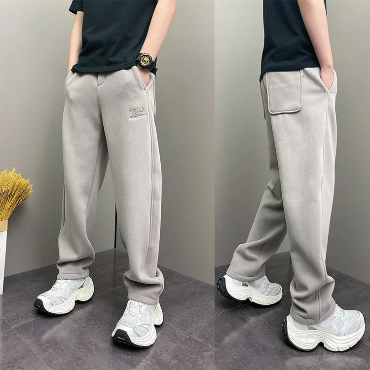 冬季时尚户外加绒休闲裤男士潮流个性刺绣直筒裤百搭松紧腰运动裤
