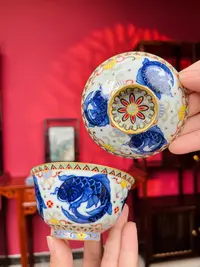 谢国福描金青花珐琅彩盖碗