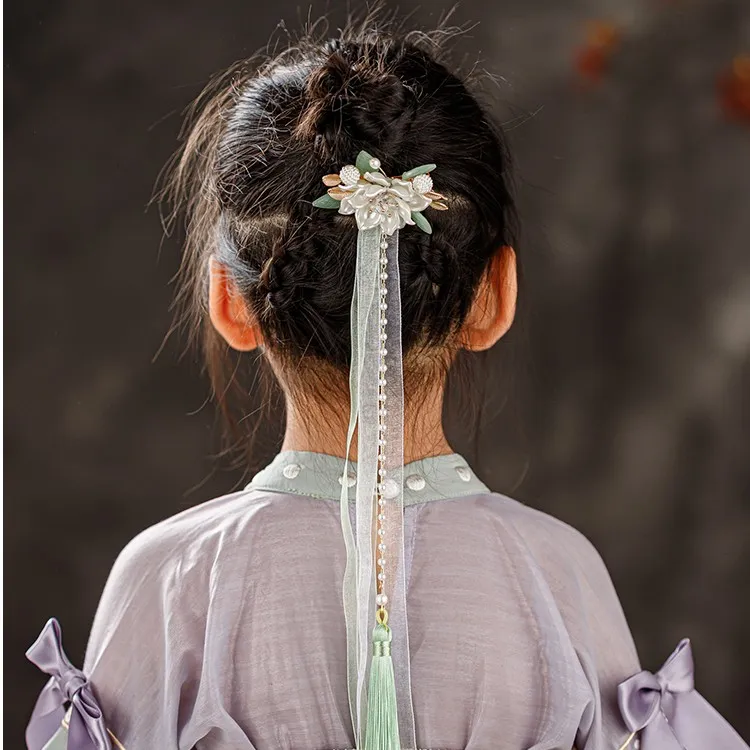 儿童可爱甜美超仙长流苏金芯后压发饰女童古风旗袍汉服发夹头饰