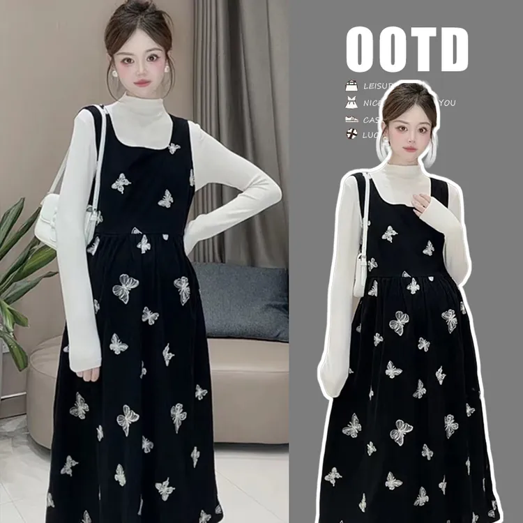 孕妇装春秋2024新款蝴蝶结刺绣宽松连衣裙中长款+打底衫针织上衣