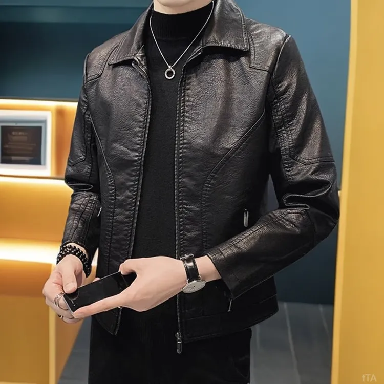 真维斯休闲潮流春秋新款皮衣男士黑色翻领痞帅皮机车服