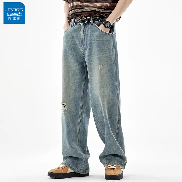 Jeanswest/真维斯美式复古破洞直筒牛仔裤男宽松休闲百搭大码长裤