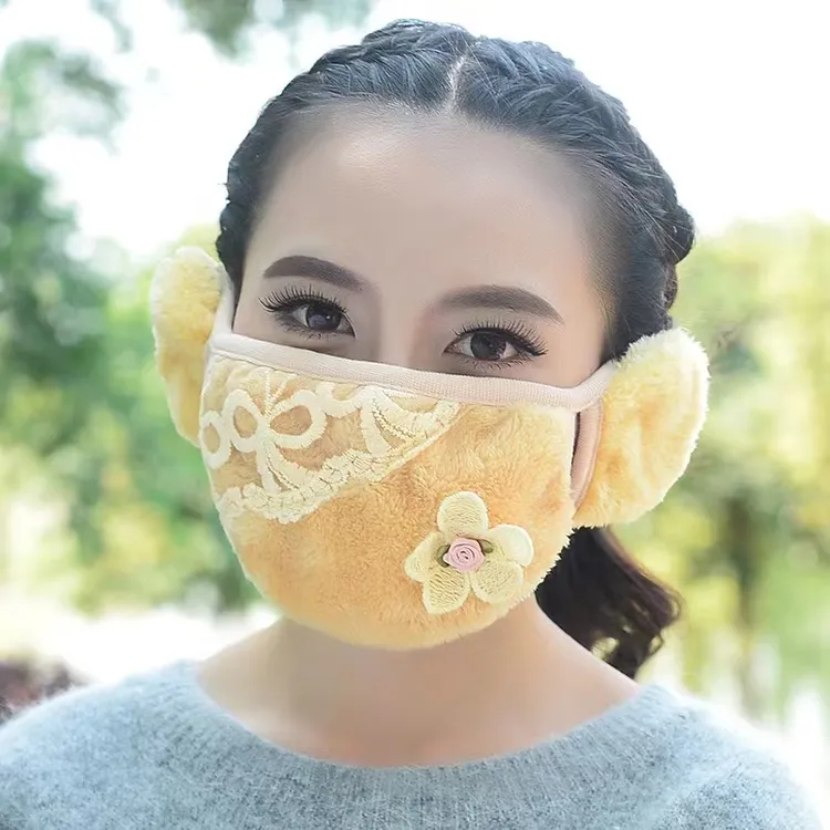 冬季男女保暖蕾丝口罩户外防寒骑行面罩护耳二合一棉质毛绒水洗