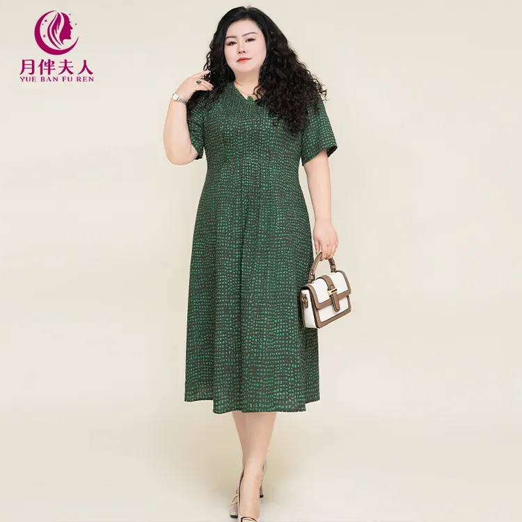月伴夫人 2024夏季新款大码复古减龄印花宽松V领格子连衣裙3110