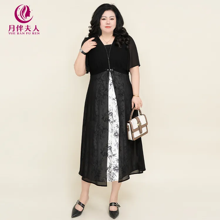 月伴夫人 2024夏季新款大码知性轻奢网纱拼接假两件连衣裙7045