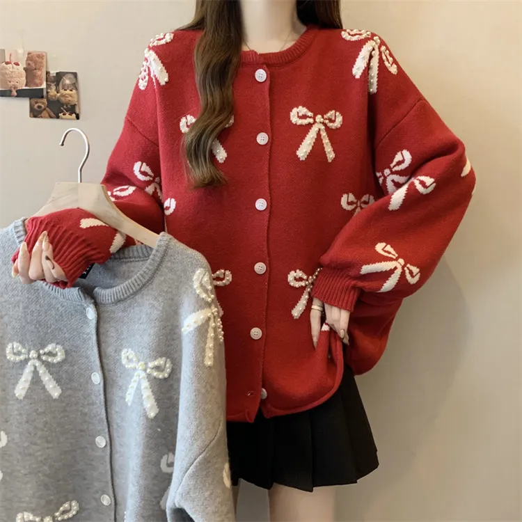 微胖大码秋冬胖妹妹蝴蝶结钉珠红色针织毛衣开衫外套