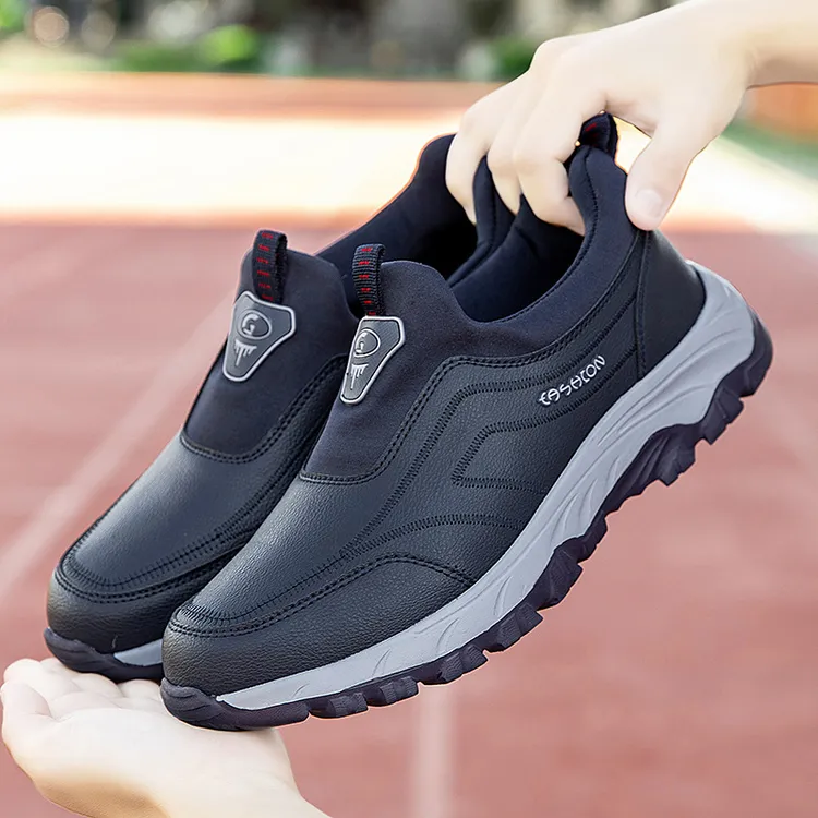 足力健安全老人鞋春皮面防水一脚蹬中老年休闲运动爸爸鞋防滑软底
