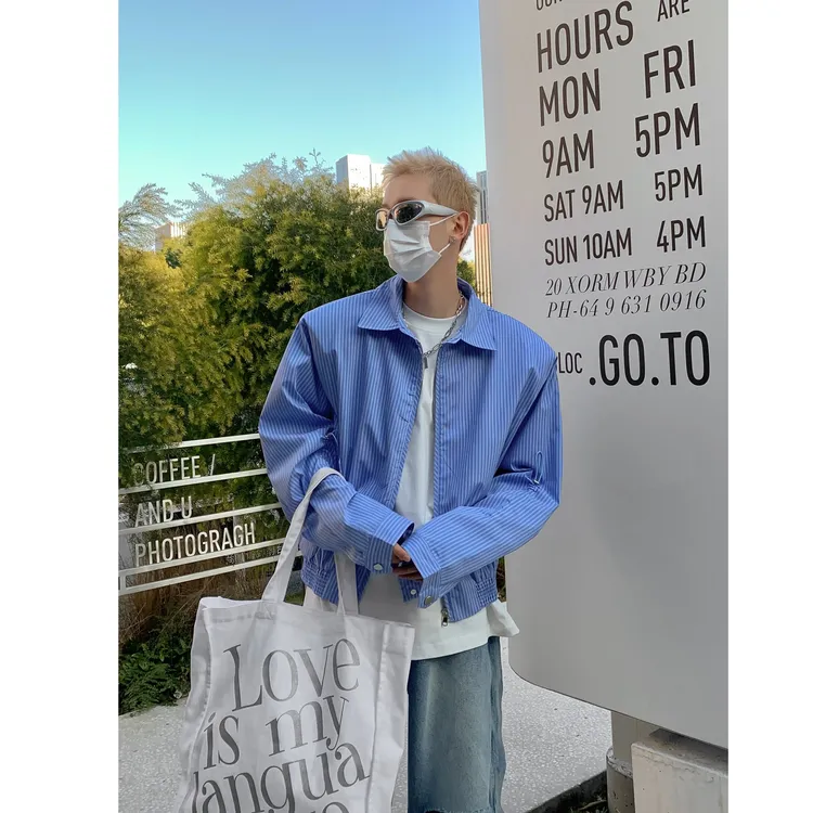  蓝色条纹拉链衬衫春夏休闲小众防晒长袖衬衣设计感情侣外套夹克