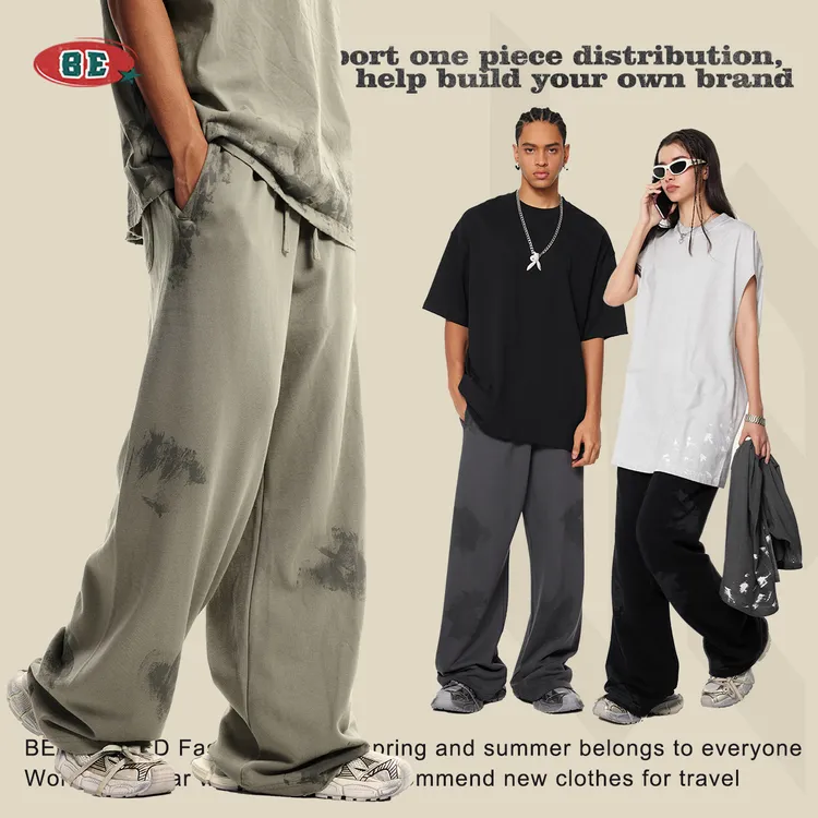 巴家同款平替无性别穿搭做旧泥染情侣阔腿裤休闲裤男