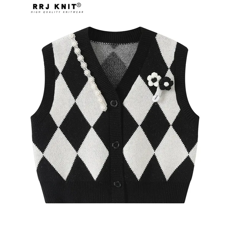 现货直发撞色菱格短款修身开衫马甲高级感立体花朵黑白拼色背心女