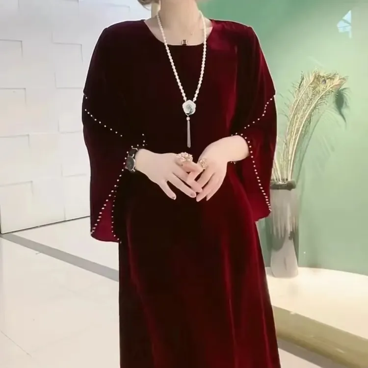 桑蚕丝植绒高贵典雅洋气减龄时尚妈妈连衣裙显瘦百搭宽松气质网红