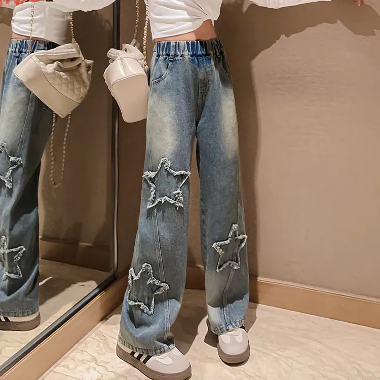 女童女孩裤子高街新款秋装搭童时尚百五角星直筒儿童女童女孩裤子