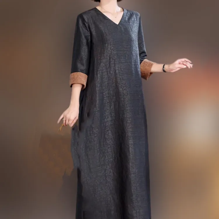 高定【爆浆原龟V领袍子裙】100%桑蚕丝香云纱龟裂纹长连衣裙ds3066