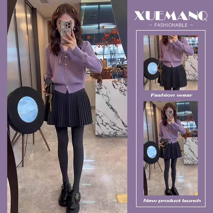 高级感御姐范两件套修身显瘦长袖打底内搭针织衫女百褶半身裙套装