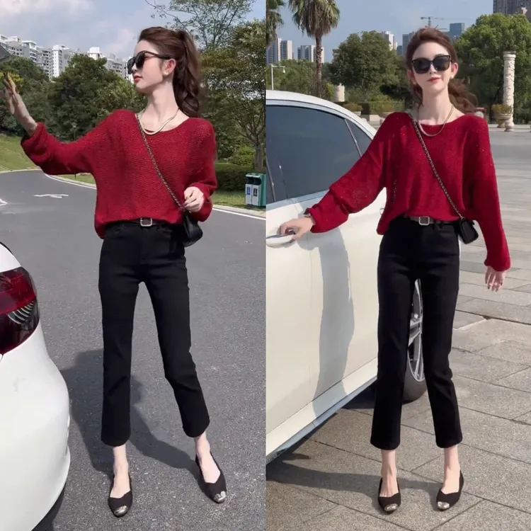 2025秋季新款高级感慵懒风宽松套头长袖毛针织衫+修身九分牛仔裤