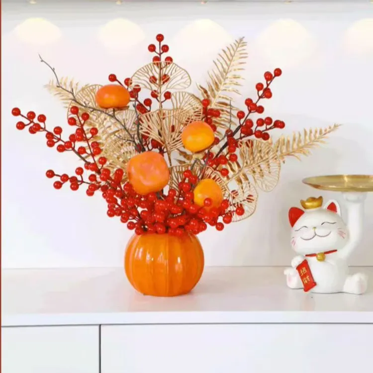 轻奢新款仿真红果石榴果红浆果高档电视柜玄关创意新中式花艺摆件