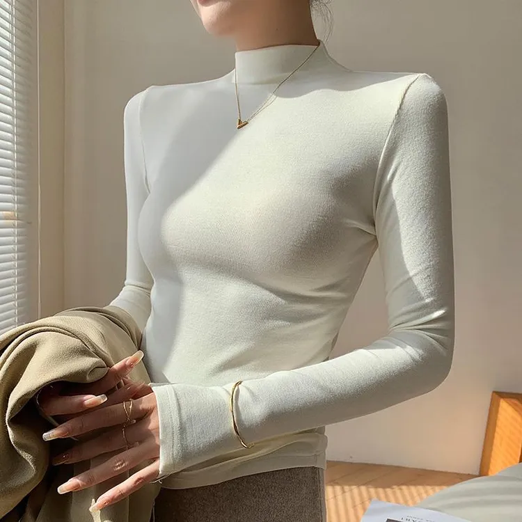 莫代尔薄绒半高领打底衫女2025秋冬新款修身内搭上衣白色长袖T恤