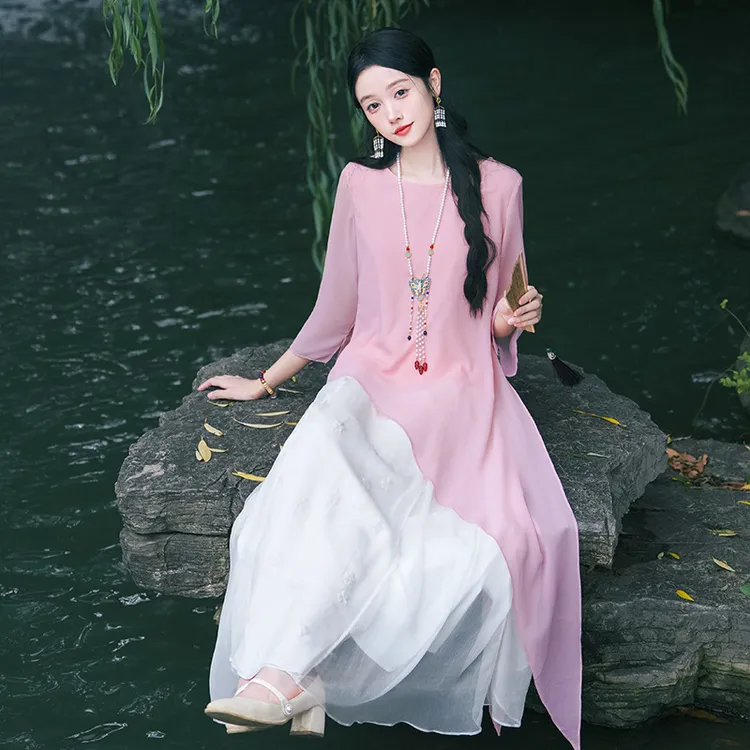 新中式女装国风复古百搭圆领不对称中袖衬衫女装提花裙两件套