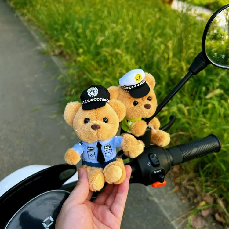 【防丢款】交警小熊摩托装饰可爱电动车自行车玩偶创意公仔挂件摆件