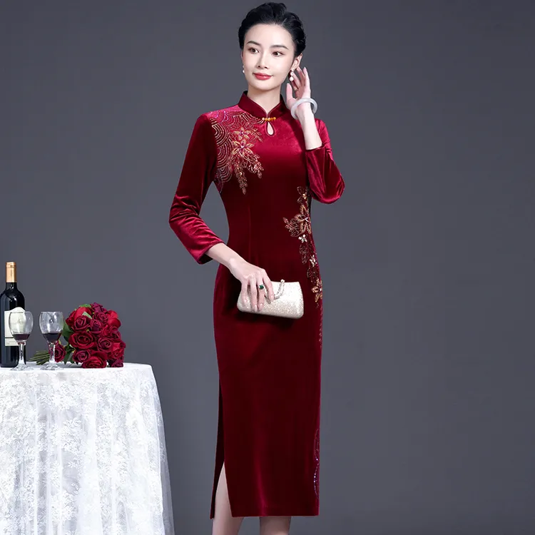 结婚喜婆婆喜妈妈婚宴礼服高端金丝绒旗袍中国风婚庆连衣裙春秋装