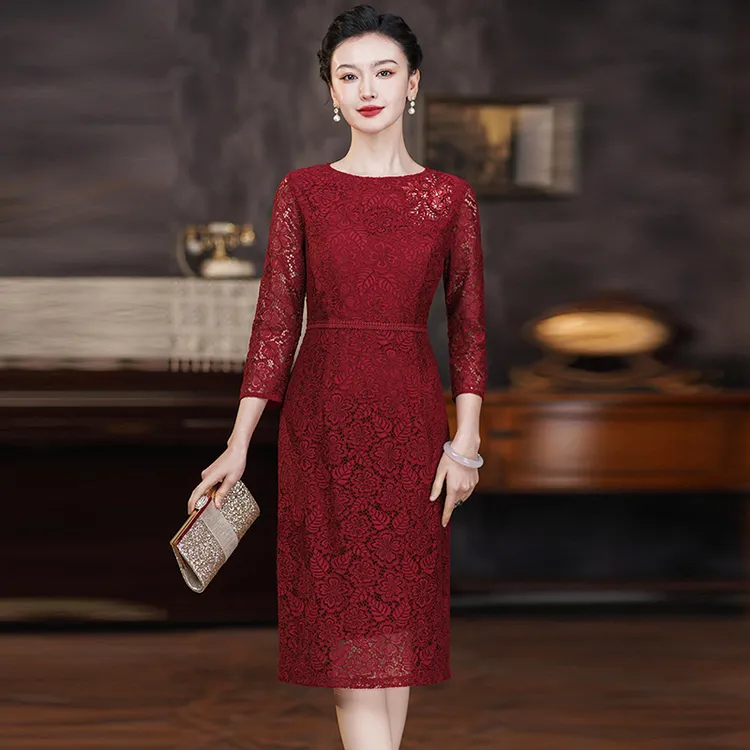 高端喜婆婆喜妈妈婚宴礼服秋季蕾丝气质连衣裙中长款高贵宴会裙子