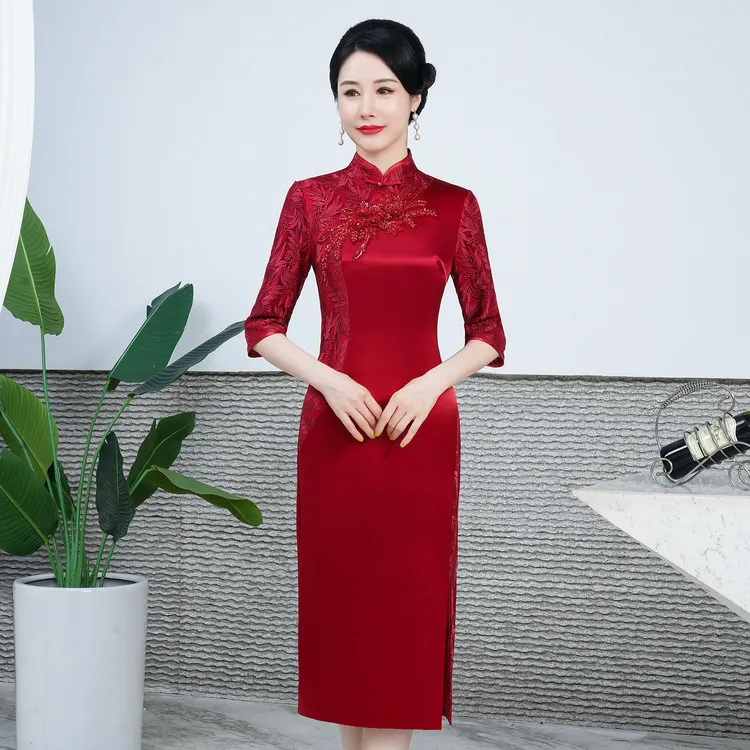 秋季上新醋酸旗袍中袖刺绣婚宴礼服小个子喜婆婆喜妈妈衣服高档