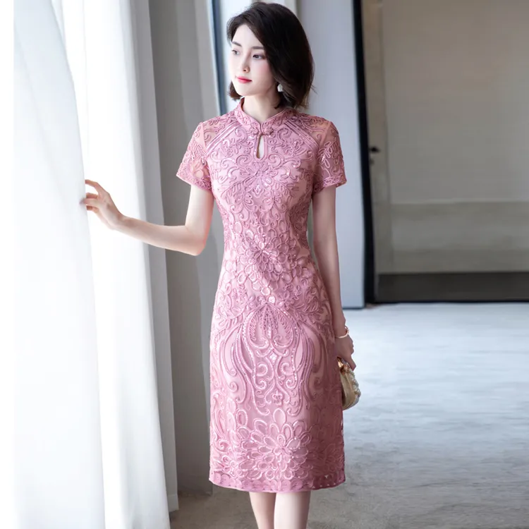 年轻喜时尚蕾丝礼服结婚妈妈装改良旗袍连衣裙高贵夏装气质洋气